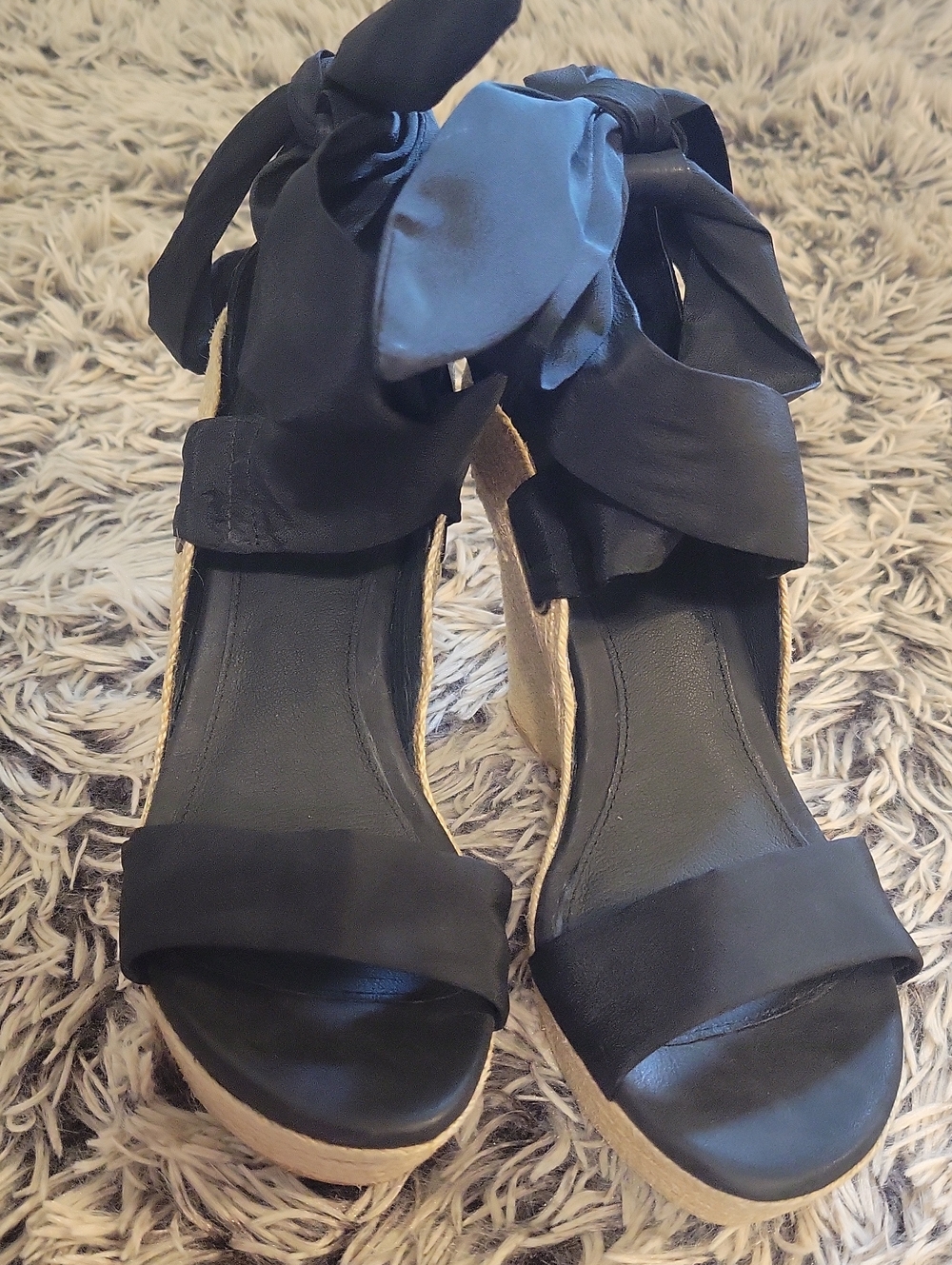 UGG Black Ribbon Espadrille Wedge Sandals